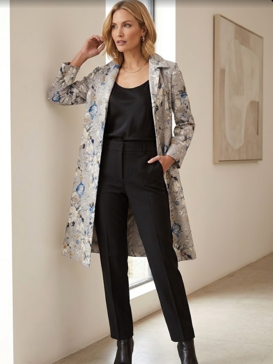 Dana Buchman Jackets & Blazers - Dana Buchman Floral Jacquard Trench Coat in Light Gray and Blue